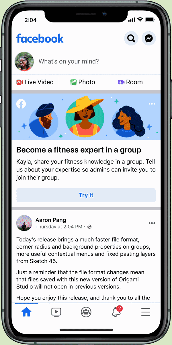 Contextual entry point - newsfeed card
